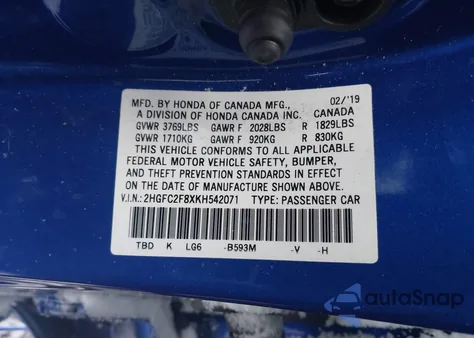 2019 Honda Civic Sport z USA, uszkodzony, nr VIN 2HGFC2F8XKH542071